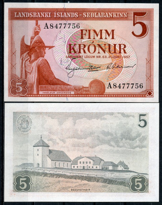 Исландия 5 крон 1957 Ингольф Арнарсон, Бессастадир, белая бумага Pick 37 b  бумага  UNC (пресс) 450-23-2
