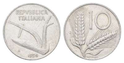 Италия 10 лир 1954 R, плуг, колосья KM 93 алюминий 4704-527