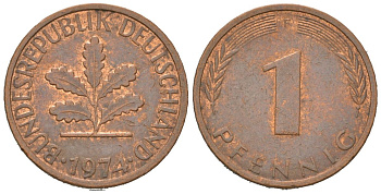 ФРГ 1 пфенниг 1974 F KM 105, J. 380 сталь плакированная медью 4147-155
