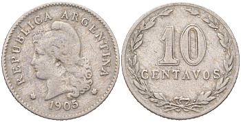 Аргентина 10 сентаво 1905 KM 35 медно-никель 4621-1047
