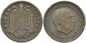 ИСПАНИЯ 1 ПЕСЕТА 1947 ФРАНСИСКО ФРАНКО ДИКТАТОР ИСПАНИИ (1939-1975) KM 775 алюминиевая бронза 110-1115