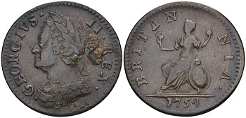Великобритания 1 фартинг 1754 Георг II (1727-1760) KM 581.2, Spink 3722 медь 441-614
