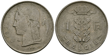 Бельгия 1 франк 1952 Belgie, Бодуэн I (1951-1993) KM 143.1 медно-никель 4172-535