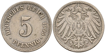 Германия 5 пфеннигов 1905 F KM 11, J. 12 медно-никель 4151-912