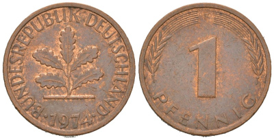 ФРГ 1 пфенниг 1974 F KM 105, J. 380 сталь плакированная медью 4147-155