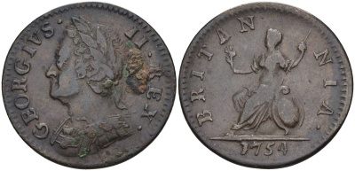 Великобритания 1 фартинг 1754 Георг II (1727-1760) KM 581.2, Spink 3722 медь 441-614