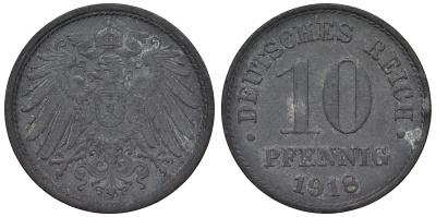 Германия 10 пфеннигов 1918 KM 26, J. 299, Weege 8 цинк 4119-421