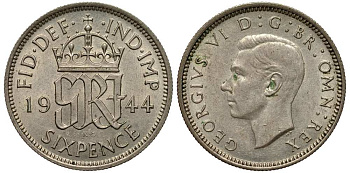 Великобритания 6 пенсов 1944 Георг VI (1936-1952) KM 852, Spink 4084 серебро 201-321