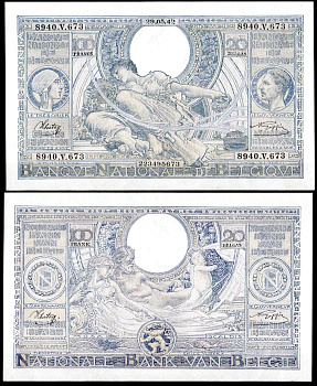 Бельгия 100 франков 1942 Pick 112 бумага 7457-62-1-1