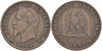 ФРАНЦИЯ 5 САНТИМОВ 1862 A, НАПОЛЕОН III (1852-1870) KM 797.1, LE FRANC 117.5 бронза 108-517