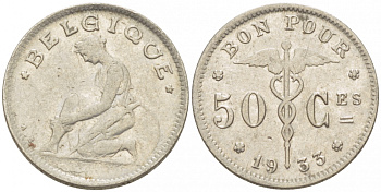 БЕЛЬГИЯ 50 САНТИМОВ 1933 BELGIQUE KM 87 никель 261-1639
