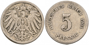 ГЕРМАНИЯ 5 ПФЕННИГОВ 1901 A, KM 11, J. 12 медно-никель 73-1511