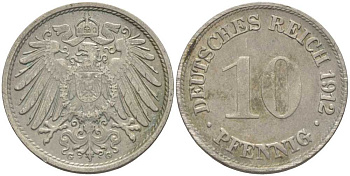 ГЕРМАНИЯ 10 ПФЕННИГОВ 1912 G KM 12, J. 13 медно-никель 33-613