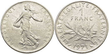 ФРАНЦИЯ 1 ФРАНК 1971 СЕЯТЕЛЬ KM 925.1, LE FRANC 226.16 никель 175-527