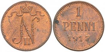 РОССИЯ ДЛЯ ФИНЛЯНДИИ 1 ПЕННИ 1915 НИКОЛАЙ II KM 13, Биткин 475 медь 4396-1434