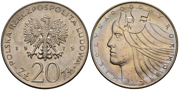 Польша 20 злотых 1975 MW, Международный год женщины KM 75, Parchimowicz 248 медно-никель UNC 81-324