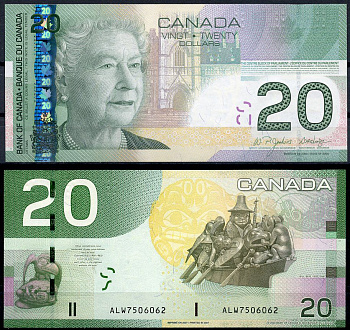 Канада 20 долларов 2004 (2007) Елизавета II, центральный корпус здания парламента Pick 103 d бумага UNC (пресс) 451-1281-2