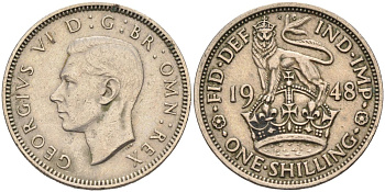 Великобритания 1 шиллинг 1948 Георг VI (1936-1952), Английский герб KM 863, Spink 4103 медно-никель 4126-434
