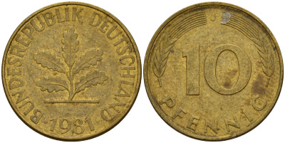 ФРГ 10 пфеннигов 1981 J J. 383, KM 108 сталь плакированная латунью    4603-517