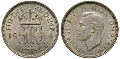 Великобритания 6 пенсов 1944 Георг VI (1936-1952) KM 852, Spink 4084 серебро 201-321