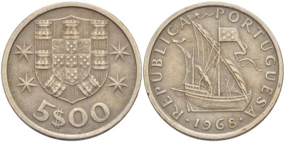 ПОРТУГАЛИЯ 5 ЭСКУДО 1968 ПАРУСНИК KM 591 медно-никель 4523-542