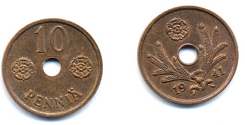 Финляндия 10 пенни 1941 республика (1918-1962) KM 33.1 медь 51-4924