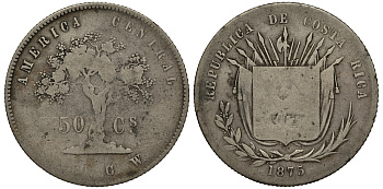 Коста-Рика 50 сентимо 1875 KM 112 серебро 272-632