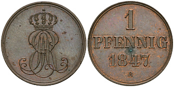 Ганновер 1 пфенниг 1847 B, Эрнст Август (1837-1851) KM 201.1, AKS 129, J. 74 медь 08-1357