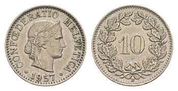 Швейцария 10 раппенов 1957 B KM 27 медно-никель 4625-231