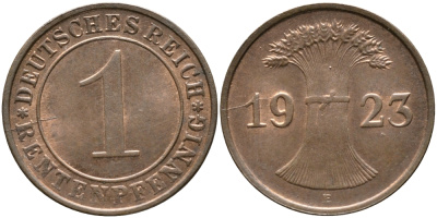 ГЕРМАНИЯ 1 РЕНТЕНПФЕННИГ 1923 E KM 30, J. 306 бронза UNC 413-2133