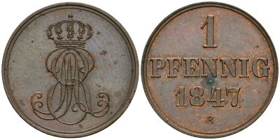 Ганновер 1 пфенниг 1847 B, Эрнст Август (1837-1851) KM 201.1, AKS 129, J. 74 медь 08-1357