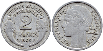 Франция 2 франка 1948 KM 886а.1 алюминий 4397-746