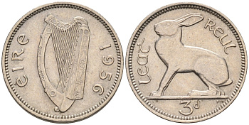 Ирландия 3 пенса 1956 заяц KM 12а медно-никель аUNC 4580-925