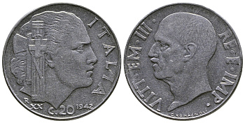 Италия 20 чентезимо 1942 R, Виктор Эммануил III (1900-1946), XXI год KM 75b, VEM3. 1029 нержавеющая сталь 4622-353