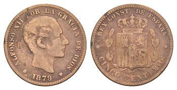 Испания 5 сентимо 1879 OM, Альфонсо XII (1874-1885) KM 674 бронза 4657-517