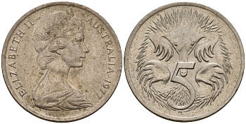 Австралия 5 центов 1977 Елизавета II (1953-), молодой портрерт, ехидна KM 64 медно-никель 4156-336