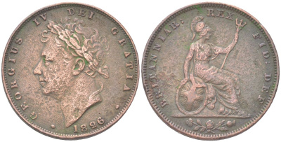 Великобритания 1 фартинг 1826 Георг IV (1820-1830) KM 697, Spink 3825 медь 4613-358