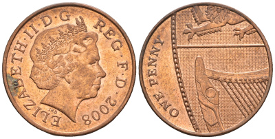Великобритания 1 пенни 2008 Елизавета II (1952-2022) KM 1107, Spink B6 сталь плакированная медью 4609-649