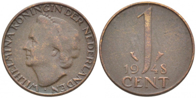 Нидерланды 1 цент 1948 Вильгельмина (1890-1948), год тип KM 175 бронза 112-317