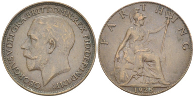 Великобритания 1 фартинг 1925 Георг V (1910-1936) KM 808.2, Spink 4060 бронза 4543-1035