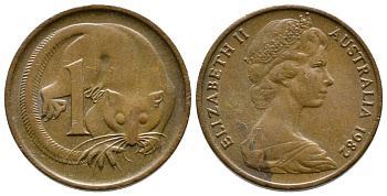 АВСТРАЛИЯ 1 ЦЕНТ 1982 ЕЛИЗАВЕТА II, МОЛОДОЙ ПОРТРЕТ, ОПОССУМ KM 62 бронза 84-213