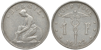 Бельгия 1 франк 1923 Belgie, Альберт I (1909-1934) KM 90 никель 51-431