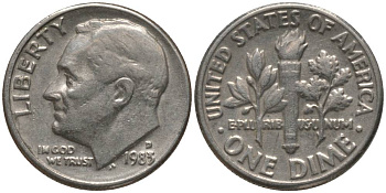 США 10 ЦЕНТОВ = 1 ДАЙМ 1983 D, РУЗВЕЛЬТ KM 195а медь плакированная медно-никелем 4396-341