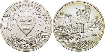 Польша 10 злотых 2003 MW, 10 лет Рождественскому оркестру KM 453 серебро PROOF 02-069-43