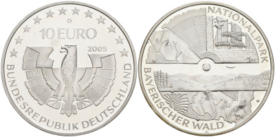 ФРГ 10 евро 2005 D, национальный парк, баварский лес KM 241, DE.S. 10.19 серебро PROOF 1076-3-45