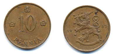 Финляндия 10 пенни 1937 KM 24 медь 51-5632