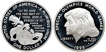 США 1 доллар 1995 Р, Параолимпийские игры, в оригинальной коробке KM 266 серебро PROOF 3-6-1-12