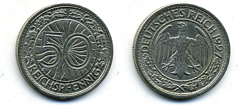 Германия 50 рейхспфеннигов 1927 A KM 49, J. 324 никель 58-116