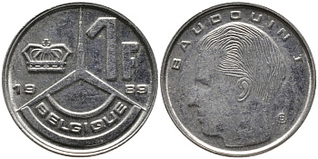 БЕЛЬГИЯ 1 ФРАНК 1989 BELGIQUE KM 170 сталь плакированная никелем 99-1222