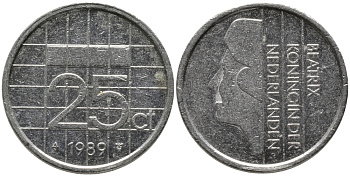 НИДЕРЛАНДЫ 25 ЦЕНТОВ 1989 БЕАТРИКС KM 204 никель 96-1259